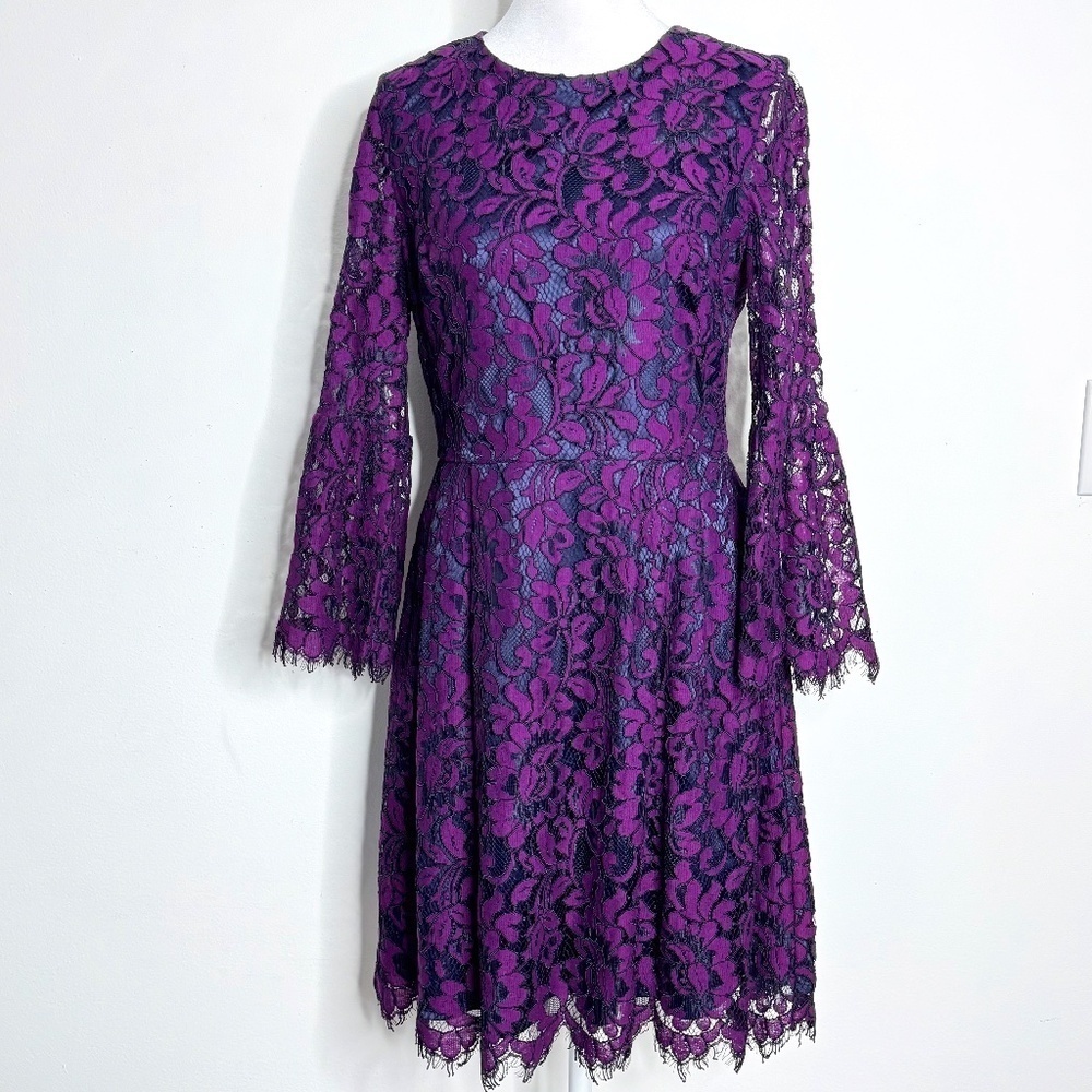Eliza J Cocktail Dress Purple Lace Long Sleeve Scalloped Hem Party Dress Size 6